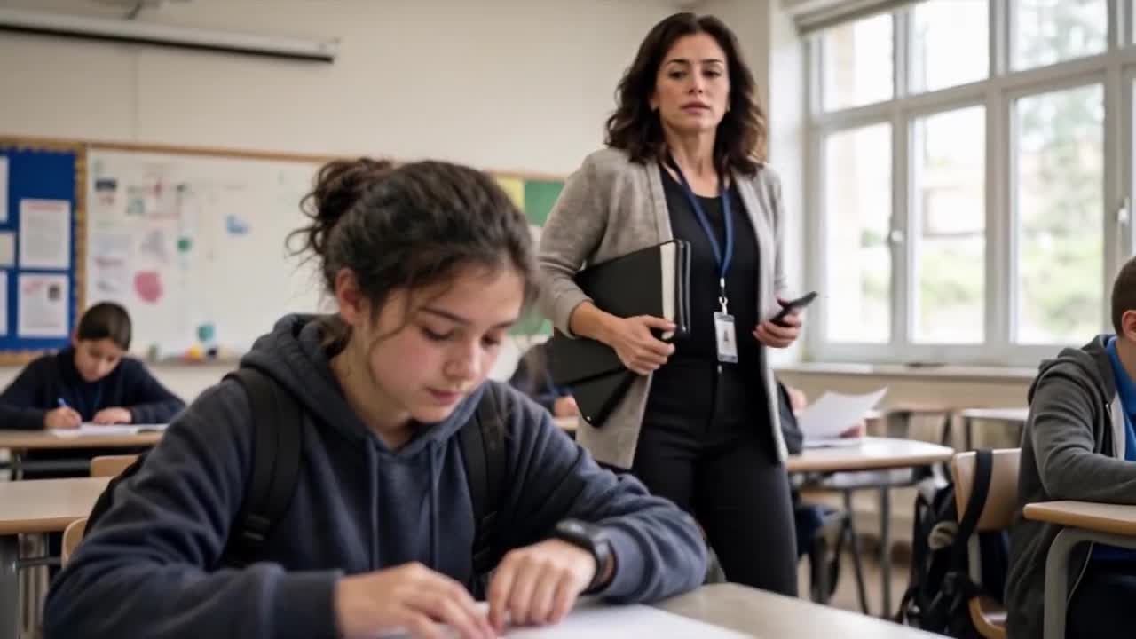 A school staff member approaches and supports a seated student in a conceptual scene