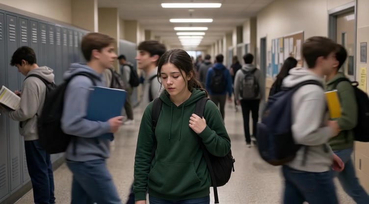 Students moving through a busy school hallway